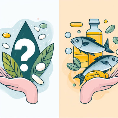 Comparison of algae oil and fish oil omega-3 supplements showing microalgae cultivation versus fish-derived sources