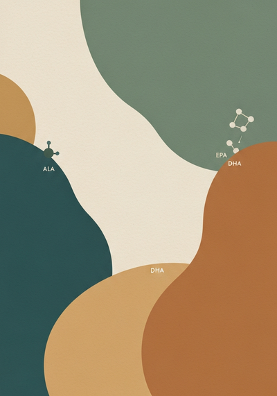 Abstract editorial illustration of ALA EPA and DHA omega-3 conversion pathway in teal and warm clay
