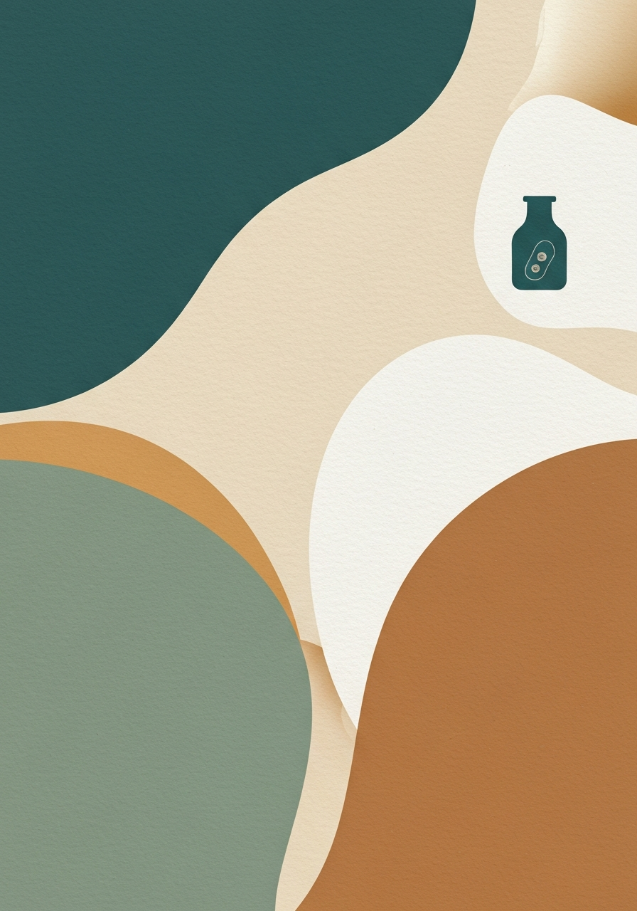 Abstract editorial illustration of algae supplement cultivation methods with controlled environment motif in deep teal and mineral white