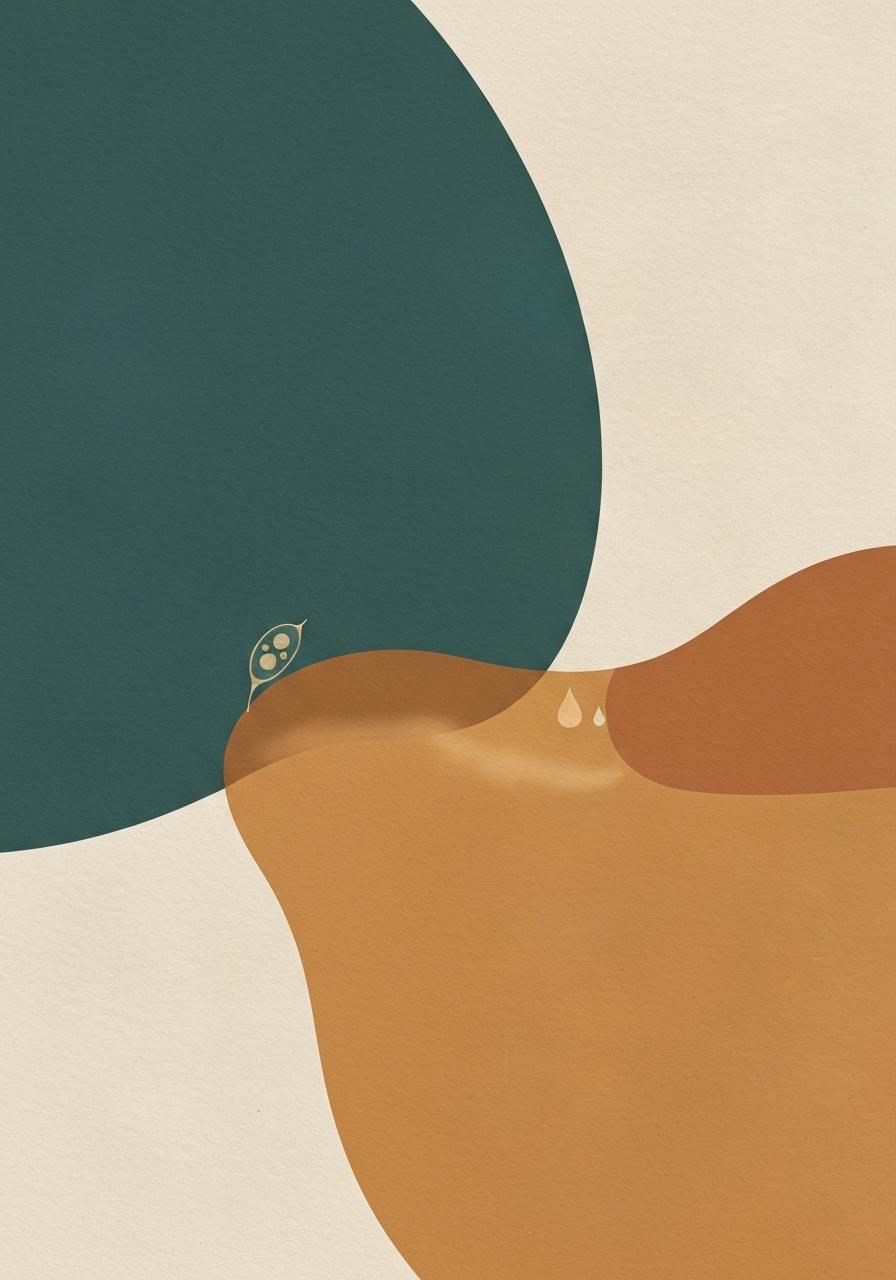 Abstract editorial illustration comparing algae supplement and fish oil sustainability with ecological balance motif in deep teal and warm sand