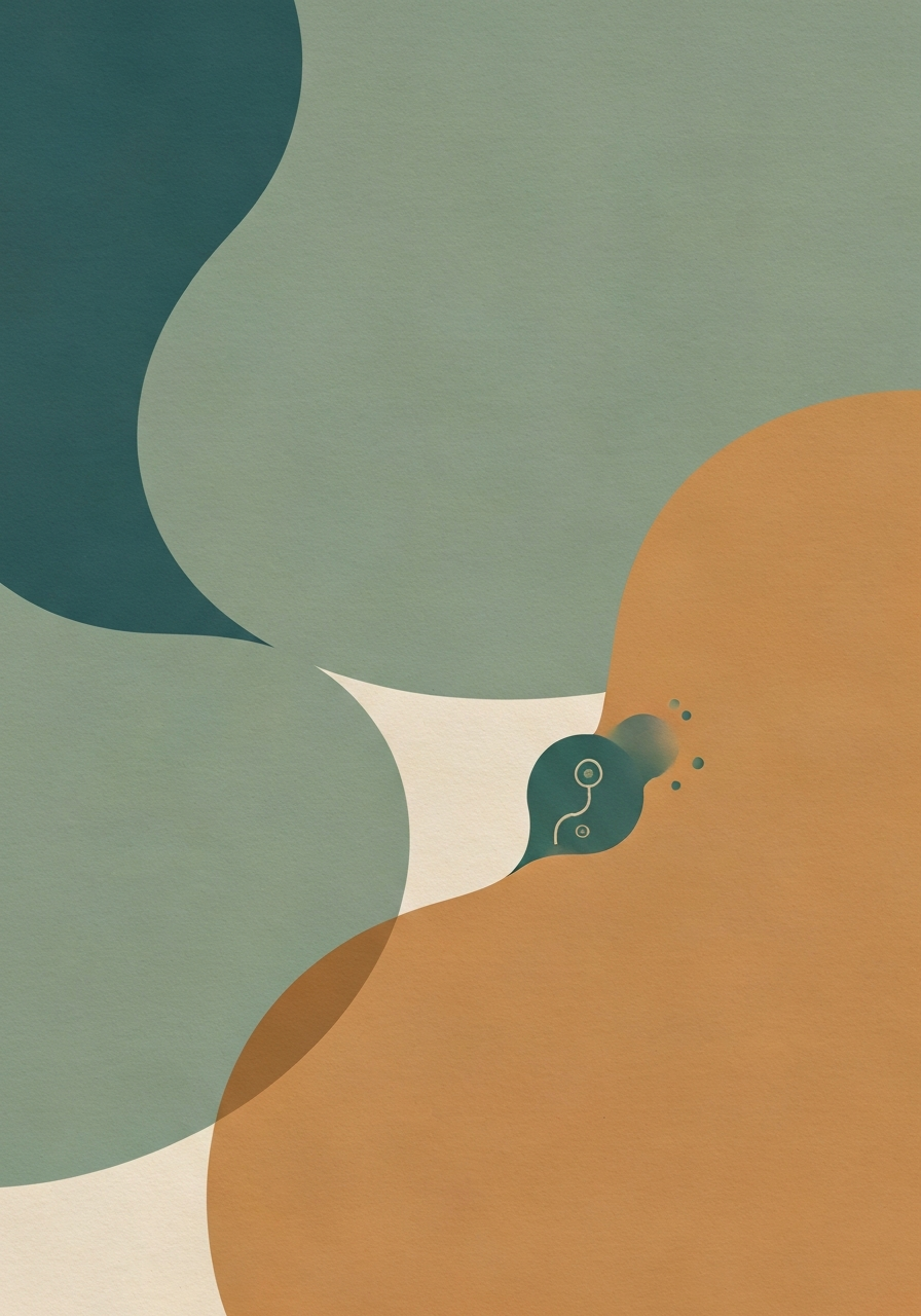 Abstract editorial illustration of carbon sequestration and the algal economy with carbon cycle motif in sage green and warm sand
