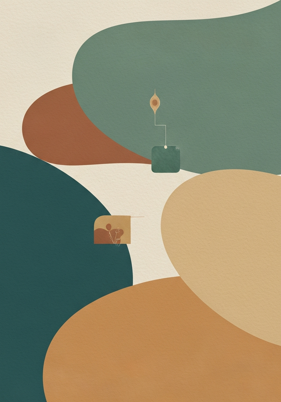 Abstract editorial illustration about clinical research on marine phytoplankton with refined cellular motif in teal and sand