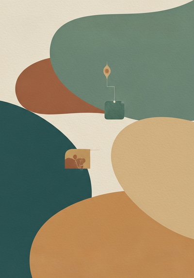 Abstract editorial illustration about clinical research on marine phytoplankton with refined cellular motif in teal and sand