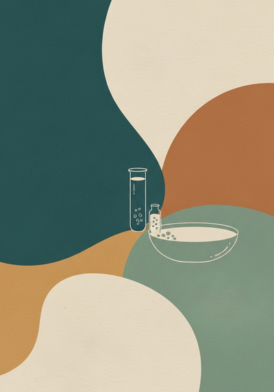 Abstract editorial illustration comparing closed photobioreactor and open pond algae cultivation in teal and sage green