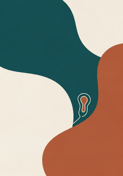 Abstract editorial illustration about algae supplement myths in contrasting deep teal and terracotta on matte textured paper