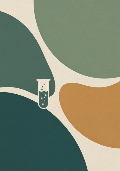 Abstract editorial illustration of heavy metal and microplastic elimination through purification with filtration motif in teal and warm sand