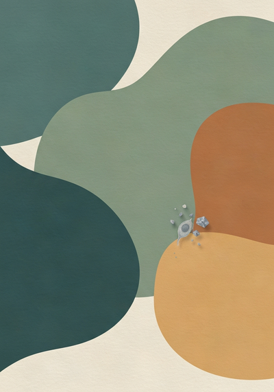 Abstract editorial illustration of heavy metal contamination concern in algae supplements with cautionary motif in muted teal and warm sand