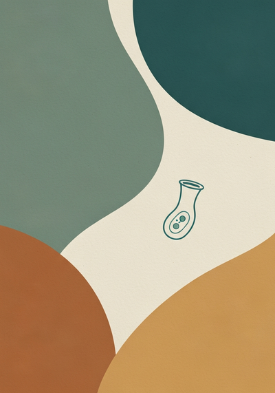 Abstract editorial illustration of marine phytoplankton cultivation with closed-system growth motif in teal and sage