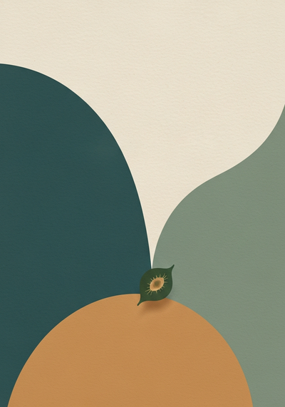 Abstract editorial illustration about choosing a marine phytoplankton supplement with discerning selection motif in teal and sand