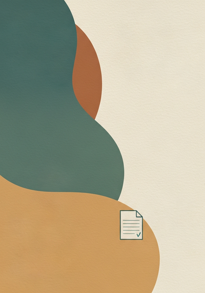 Abstract editorial illustration about reading a certificate of analysis with document inspection motif in deep teal and warm sand
