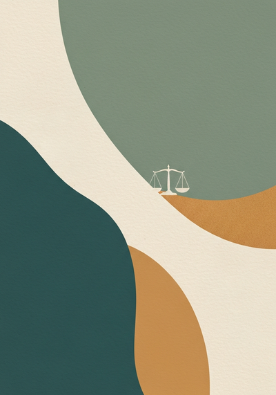 Abstract editorial illustration of health claim evaluation and assessment with analytical motif in deep teal and warm sand