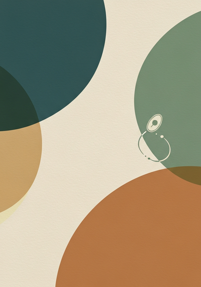 Abstract editorial illustration about marine phytoplankton sustainability with ecological cycle motif in deep teal and warm sand