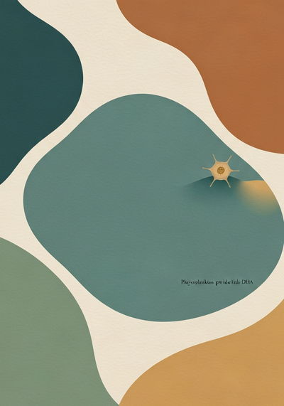 Abstract editorial illustration about DHA content in marine phytoplankton with restrained cellular motif in teal and sand