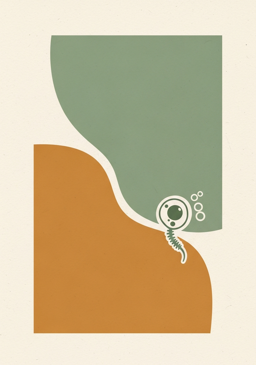 Abstract editorial illustration of marine phytoplankton nutritional profile with cellular motif in sage green and warm ochre