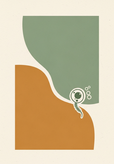 Abstract editorial illustration of marine phytoplankton nutritional profile with cellular motif in sage green and warm ochre