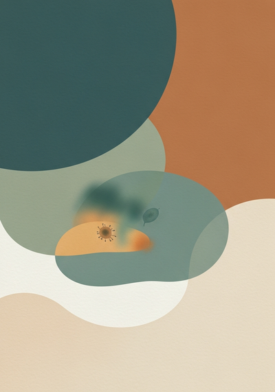Abstract editorial illustration about marine phytoplankton side effects with subtle cautionary motif in muted teal and warm amber