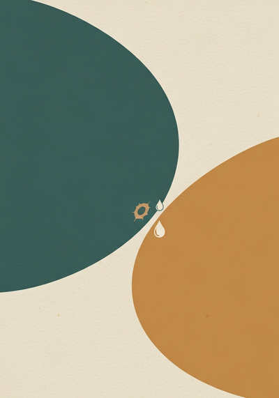 Abstract editorial illustration comparing marine phytoplankton and algae oil with paired motifs in teal and ochre