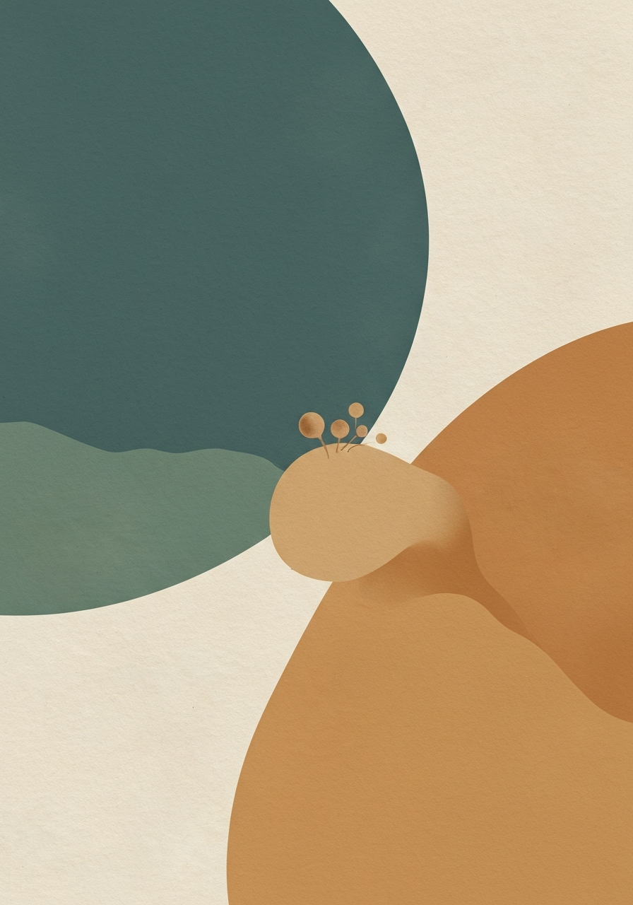 Abstract editorial illustration of microalgae diverse forms and species in teal and sage green