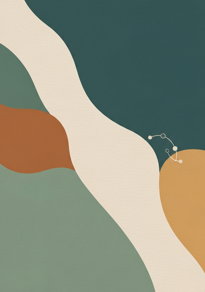 Abstract editorial illustration of microalgae traceability and supply chain tracking with linked pathway motif in sage green and warm sand