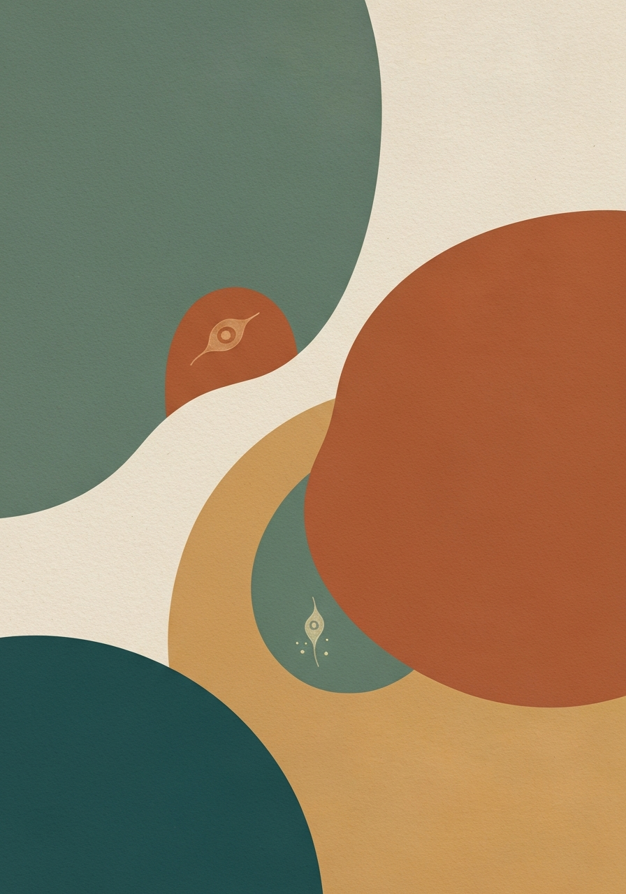 Abstract editorial illustration about overstated marine phytoplankton claims with restrained sceptical motif in muted tones