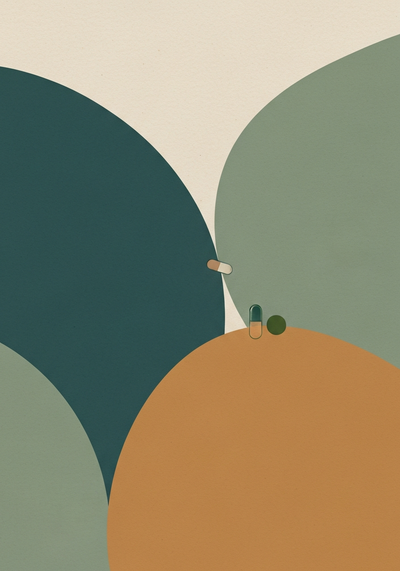 Abstract editorial illustration comparing marine phytoplankton with other microalgae using contrasting cellular forms in teal and sage