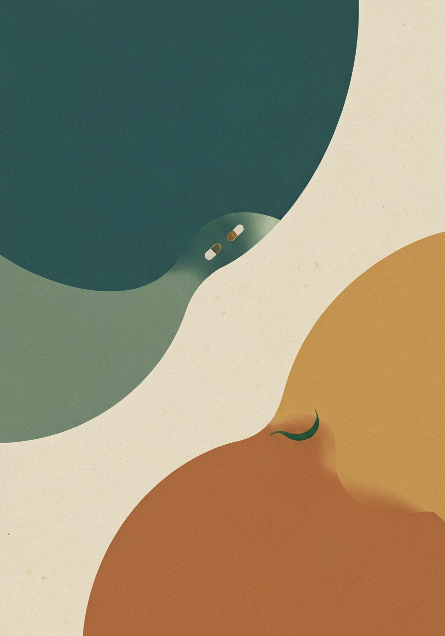 Abstract editorial illustration comparing marine phytoplankton and spirulina with contrasting cellular shapes in teal and sage green