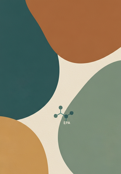 Abstract editorial illustration defining EPA eicosapentaenoic acid omega-3 fatty acid with molecular chain motif in muted teal and warm sand