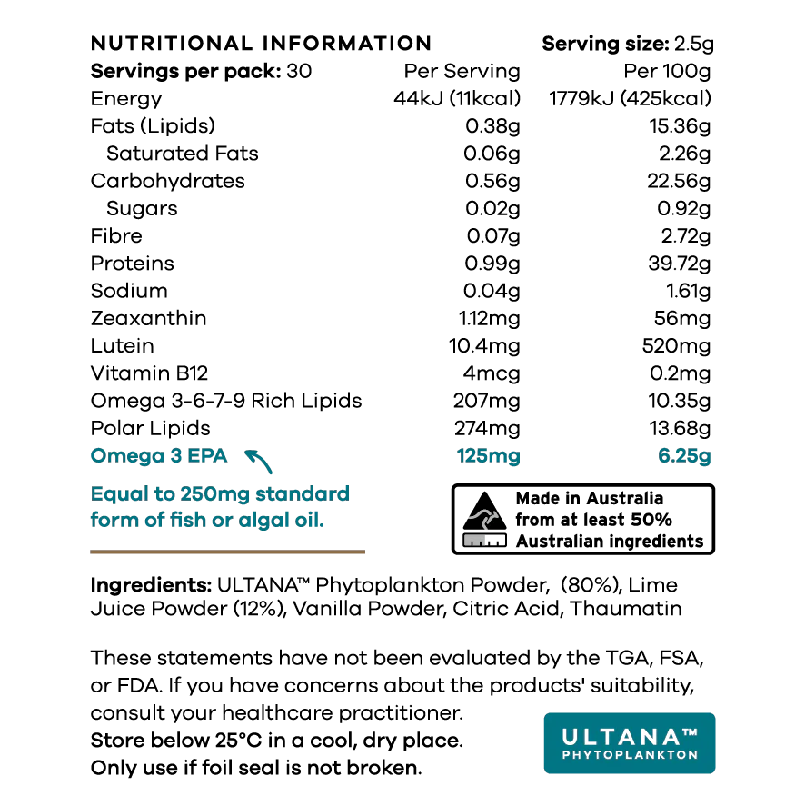 
                  
                    ULTANA phytoplankton powder ingredients list showing 80% pure phytoplankton natural lime vanilla flavouring nutritional information per serving
                  
                