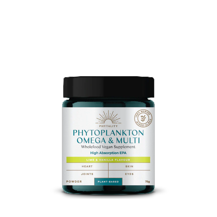 
                  
                    ULTANA phytoplankton supplement lime vanilla flavour jar packaging showing 75g vegan omega-3 B12
                  
                