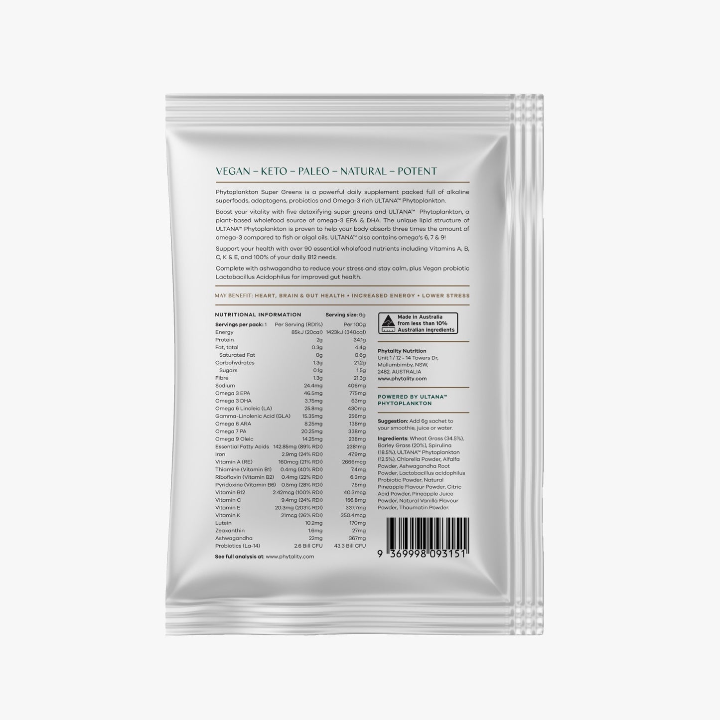 
                  
                    Phytality Supergreens Sachet (contains antioxidants, essential nutrition, probiotics, AND ULTANA Phytoplankton)
                  
                